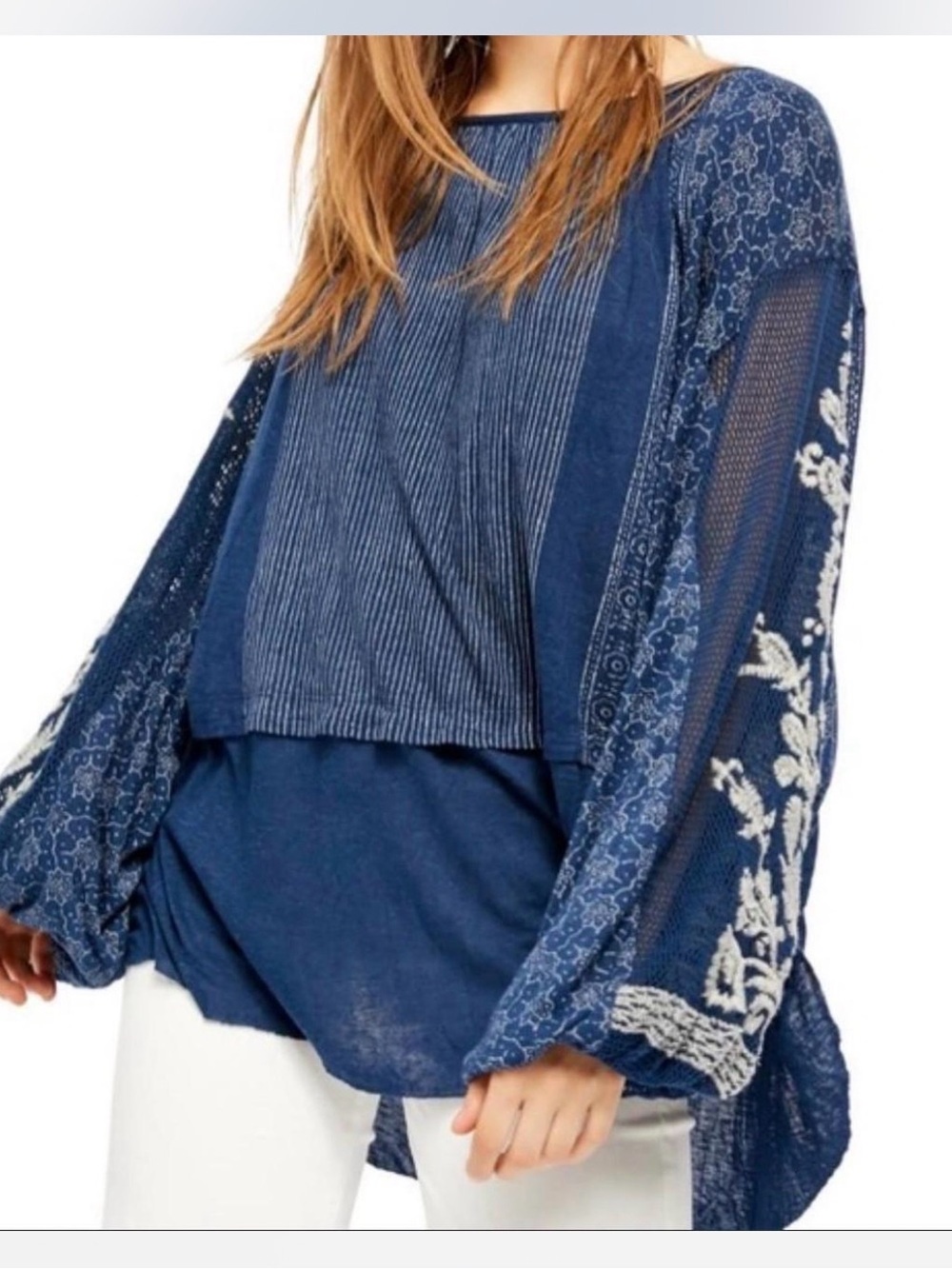 Free People NEW Indigo Dreams Embroidered Tunic Top OVERSIZED Cottagcore Boho